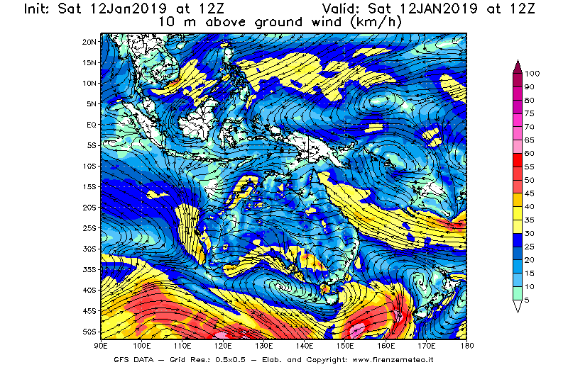Mappa di analisi GFS - Velocità del vento a 10 metri dal suolo [km/h] in Oceania
									del 12/01/2019 12 <!--googleoff: index-->UTC<!--googleon: index-->