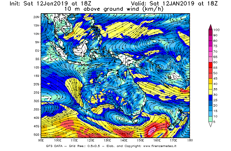Mappa di analisi GFS - Velocità del vento a 10 metri dal suolo [km/h] in Oceania
							del 12/01/2019 18 <!--googleoff: index-->UTC<!--googleon: index-->