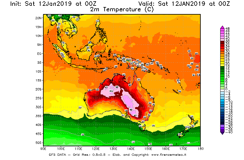Mappa di analisi GFS - Temperatura a 2 metri dal suolo [°C] in Oceania
							del 12/01/2019 00 <!--googleoff: index-->UTC<!--googleon: index-->