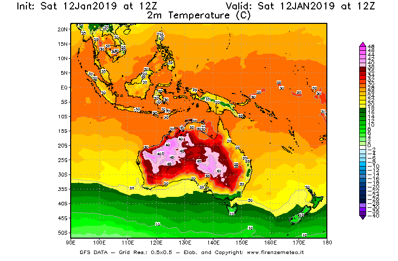 Mappa di analisi GFS - Temperatura a 2 metri dal suolo [°C] in Oceania
							del 12/01/2019 12 <!--googleoff: index-->UTC<!--googleon: index-->