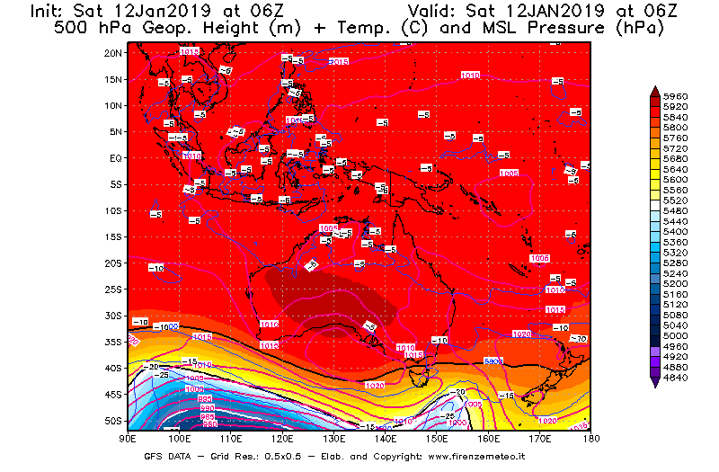 Mappa di analisi GFS - Geopotenziale [m] + Temp. [°C] a 500 hPa + Press. a livello del mare [hPa] in Oceania
							del 12/01/2019 06 <!--googleoff: index-->UTC<!--googleon: index-->