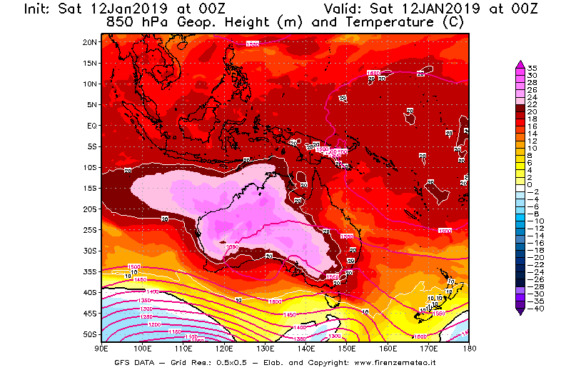 Mappa di analisi GFS - Geopotenziale [m] e Temperatura [°C] a 850 hPa in Oceania
							del 12/01/2019 00 <!--googleoff: index-->UTC<!--googleon: index-->