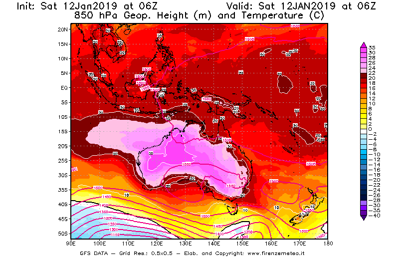 Mappa di analisi GFS - Geopotenziale [m] e Temperatura [°C] a 850 hPa in Oceania
									del 12/01/2019 06 <!--googleoff: index-->UTC<!--googleon: index-->