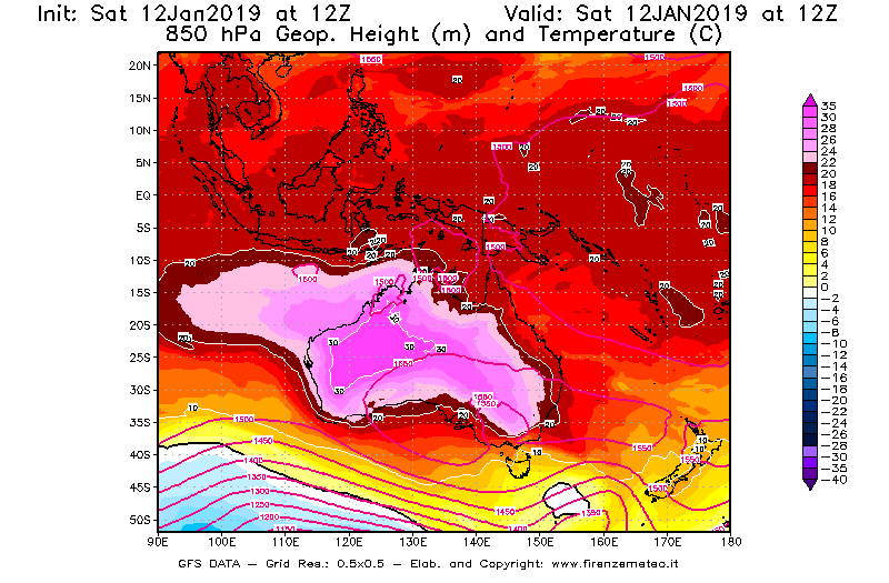 Mappa di analisi GFS - Geopotenziale [m] e Temperatura [°C] a 850 hPa in Oceania
									del 12/01/2019 12 <!--googleoff: index-->UTC<!--googleon: index-->