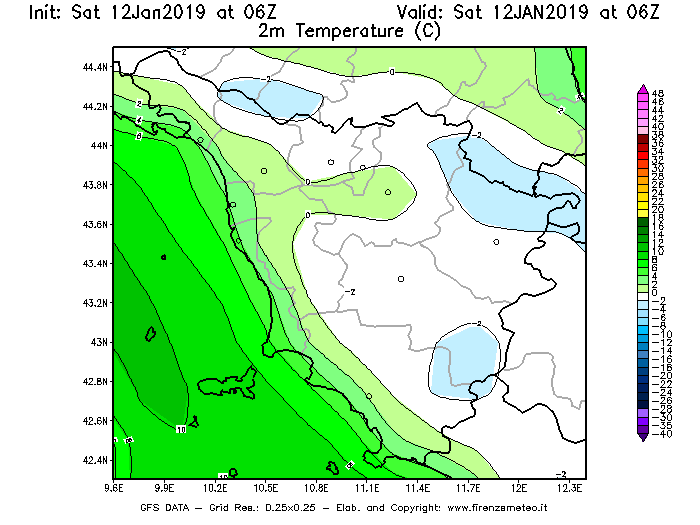 Mappa di analisi GFS - Temperatura a 2 metri dal suolo [°C] in Toscana
							del 12/01/2019 06 <!--googleoff: index-->UTC<!--googleon: index-->