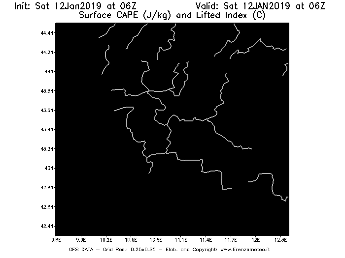 Mappa di analisi GFS - CAPE [J/kg] e Lifted Index [°C] in Toscana
									del 12/01/2019 06 <!--googleoff: index-->UTC<!--googleon: index-->
