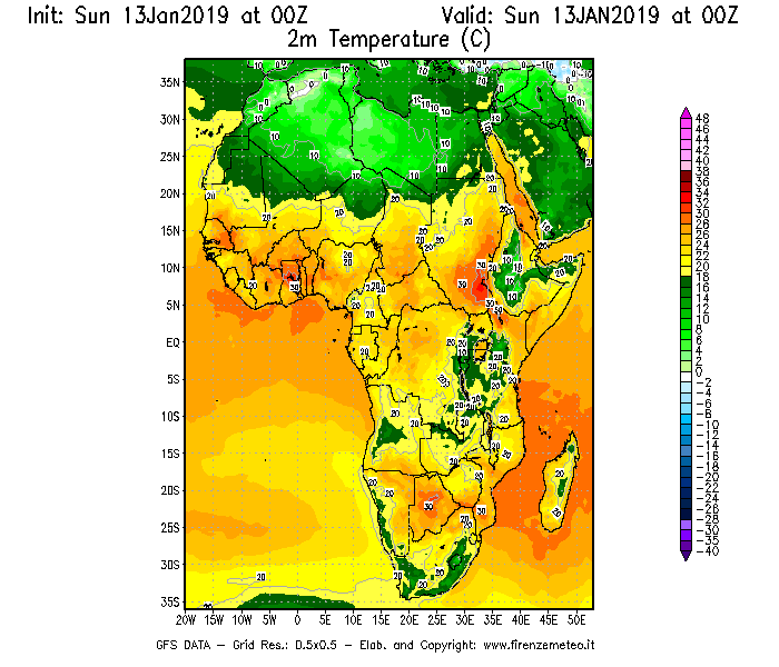 Mappa di analisi GFS - Temperatura a 2 metri dal suolo [°C] in Africa
									del 13/01/2019 00 <!--googleoff: index-->UTC<!--googleon: index-->