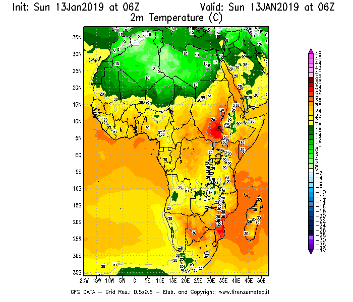 Mappa di analisi GFS - Temperatura a 2 metri dal suolo [°C] in Africa
							del 13/01/2019 06 <!--googleoff: index-->UTC<!--googleon: index-->