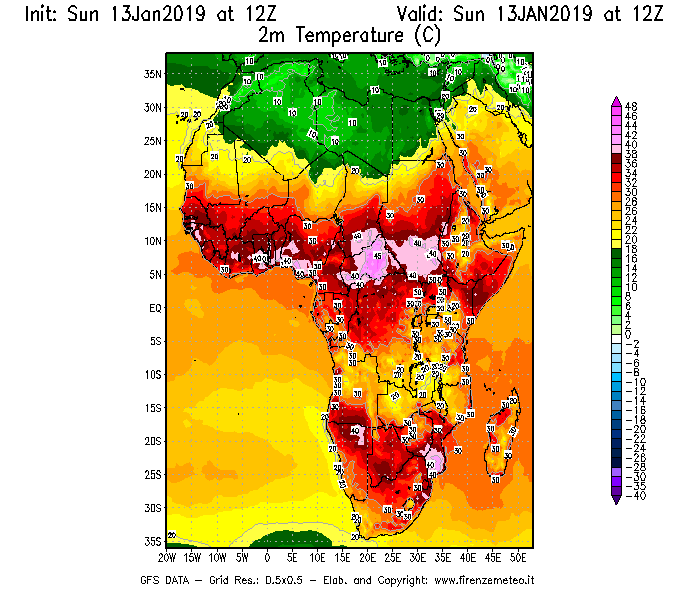 Mappa di analisi GFS - Temperatura a 2 metri dal suolo [°C] in Africa
							del 13/01/2019 12 <!--googleoff: index-->UTC<!--googleon: index-->