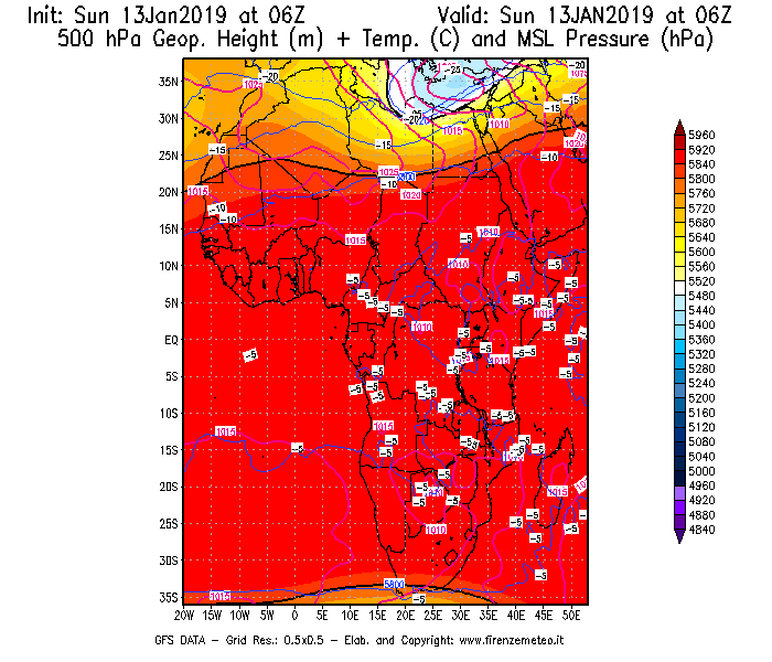 Mappa di analisi GFS - Geopotenziale [m] + Temp. [°C] a 500 hPa + Press. a livello del mare [hPa] in Africa
									del 13/01/2019 06 <!--googleoff: index-->UTC<!--googleon: index-->