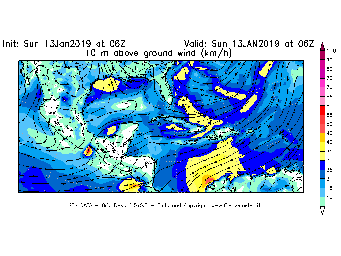 Mappa di analisi GFS - Velocità del vento a 10 metri dal suolo [km/h] in Centro-America
							del 13/01/2019 06 <!--googleoff: index-->UTC<!--googleon: index-->