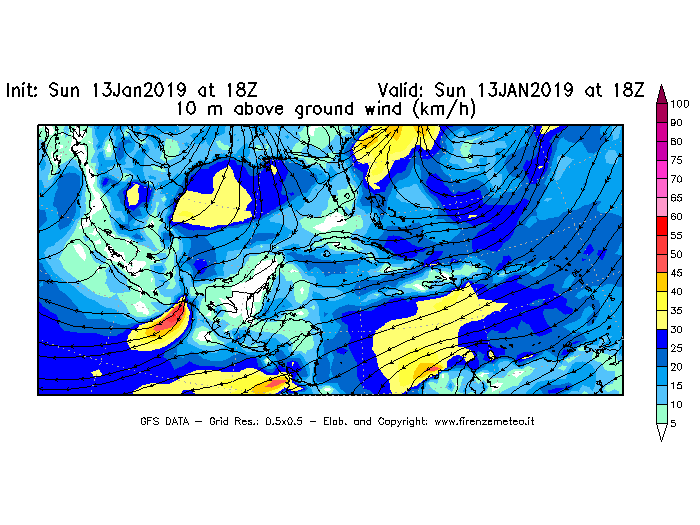Mappa di analisi GFS - Velocità del vento a 10 metri dal suolo [km/h] in Centro-America
							del 13/01/2019 18 <!--googleoff: index-->UTC<!--googleon: index-->