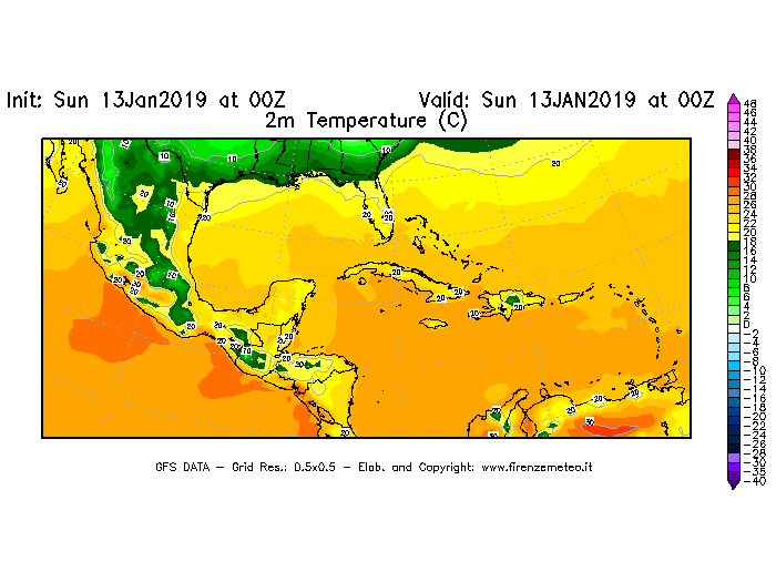 Mappa di analisi GFS - Temperatura a 2 metri dal suolo [°C] in Centro-America
									del 13/01/2019 00 <!--googleoff: index-->UTC<!--googleon: index-->