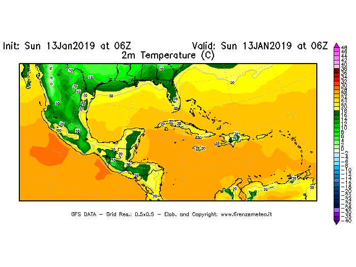 Mappa di analisi GFS - Temperatura a 2 metri dal suolo [°C] in Centro-America
							del 13/01/2019 06 <!--googleoff: index-->UTC<!--googleon: index-->