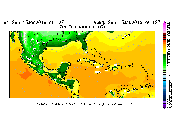 Mappa di analisi GFS - Temperatura a 2 metri dal suolo [°C] in Centro-America
									del 13/01/2019 12 <!--googleoff: index-->UTC<!--googleon: index-->