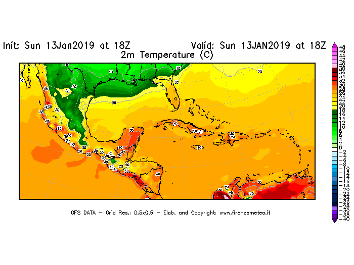 Mappa di analisi GFS - Temperatura a 2 metri dal suolo [°C] in Centro-America
							del 13/01/2019 18 <!--googleoff: index-->UTC<!--googleon: index-->