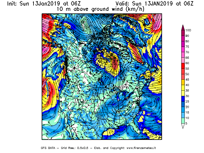 Mappa di analisi GFS - Velocità del vento a 10 metri dal suolo [km/h] in Nord-America
									del 13/01/2019 06 <!--googleoff: index-->UTC<!--googleon: index-->