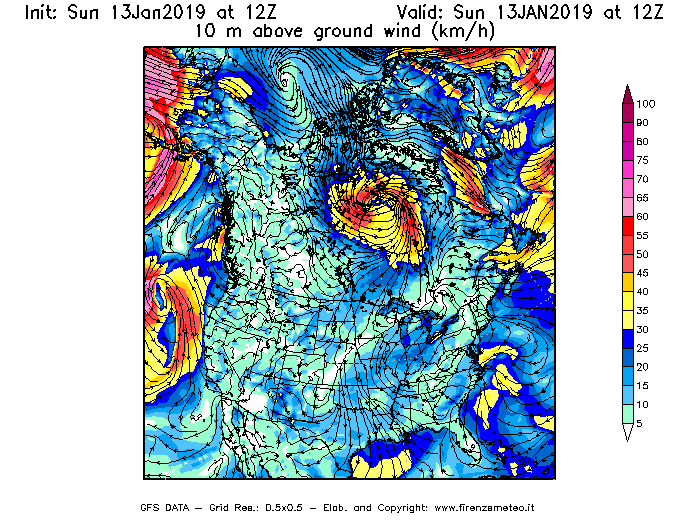 Mappa di analisi GFS - Velocità del vento a 10 metri dal suolo [km/h] in Nord-America
									del 13/01/2019 12 <!--googleoff: index-->UTC<!--googleon: index-->