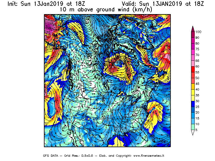 Mappa di analisi GFS - Velocità del vento a 10 metri dal suolo [km/h] in Nord-America
							del 13/01/2019 18 <!--googleoff: index-->UTC<!--googleon: index-->