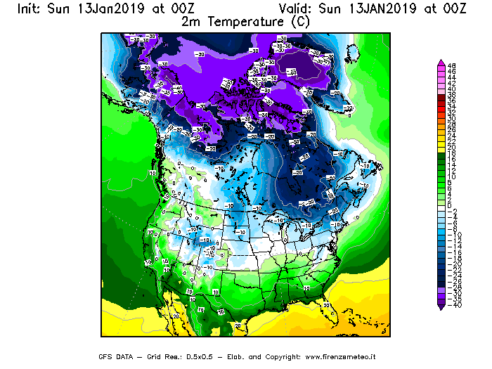Mappa di analisi GFS - Temperatura a 2 metri dal suolo [°C] in Nord-America
									del 13/01/2019 00 <!--googleoff: index-->UTC<!--googleon: index-->