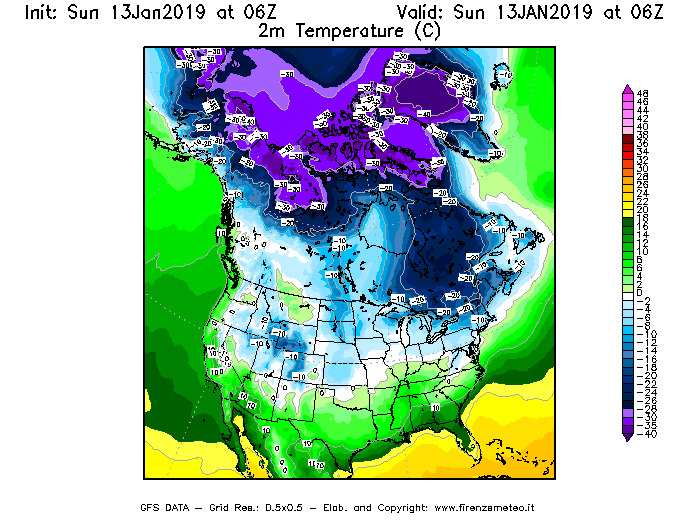 Mappa di analisi GFS - Temperatura a 2 metri dal suolo [°C] in Nord-America
							del 13/01/2019 06 <!--googleoff: index-->UTC<!--googleon: index-->