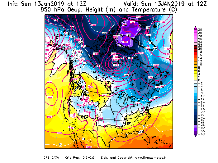 Mappa di analisi GFS - Geopotenziale [m] e Temperatura [°C] a 850 hPa in Nord-America
							del 13/01/2019 12 <!--googleoff: index-->UTC<!--googleon: index-->
