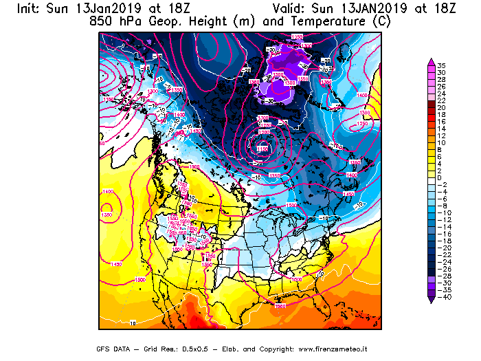 Mappa di analisi GFS - Geopotenziale [m] e Temperatura [°C] a 850 hPa in Nord-America
									del 13/01/2019 18 <!--googleoff: index-->UTC<!--googleon: index-->