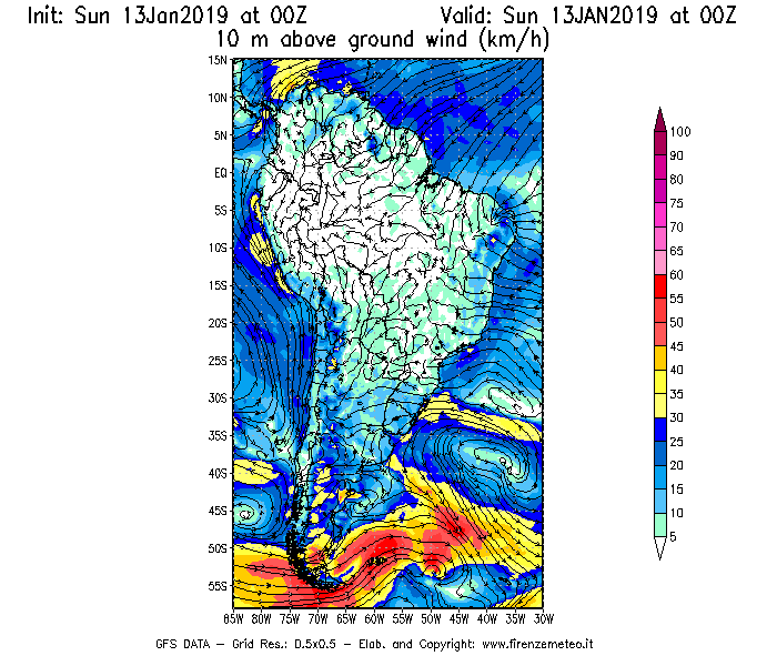 Mappa di analisi GFS - Velocità del vento a 10 metri dal suolo [km/h] in Sud-America
							del 13/01/2019 00 <!--googleoff: index-->UTC<!--googleon: index-->