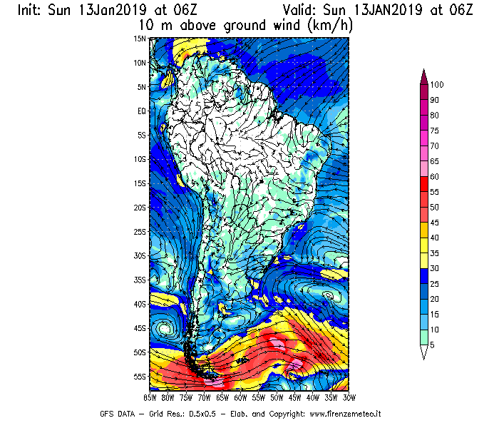Mappa di analisi GFS - Velocità del vento a 10 metri dal suolo [km/h] in Sud-America
									del 13/01/2019 06 <!--googleoff: index-->UTC<!--googleon: index-->
