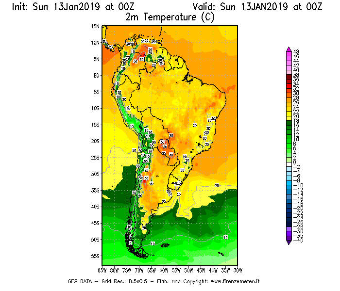 Mappa di analisi GFS - Temperatura a 2 metri dal suolo [°C] in Sud-America
							del 13/01/2019 00 <!--googleoff: index-->UTC<!--googleon: index-->