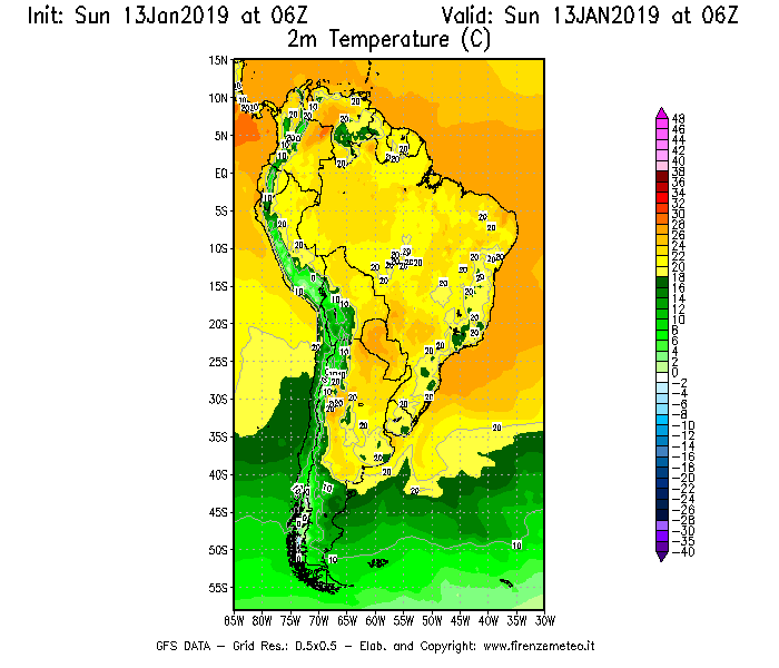 Mappa di analisi GFS - Temperatura a 2 metri dal suolo [°C] in Sud-America
							del 13/01/2019 06 <!--googleoff: index-->UTC<!--googleon: index-->