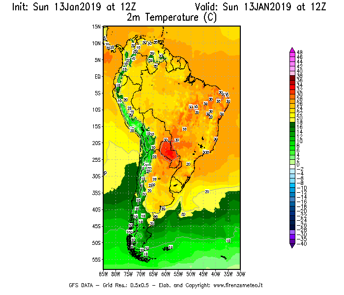 Mappa di analisi GFS - Temperatura a 2 metri dal suolo [°C] in Sud-America
									del 13/01/2019 12 <!--googleoff: index-->UTC<!--googleon: index-->