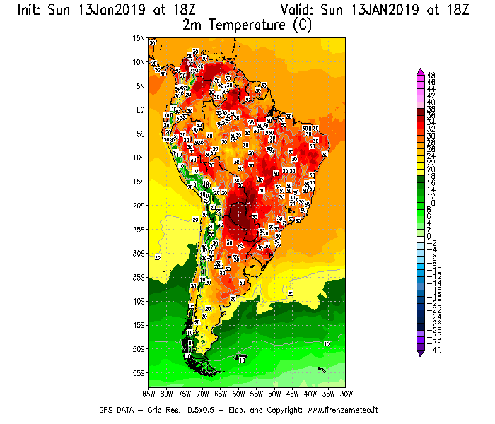 Mappa di analisi GFS - Temperatura a 2 metri dal suolo [°C] in Sud-America
							del 13/01/2019 18 <!--googleoff: index-->UTC<!--googleon: index-->