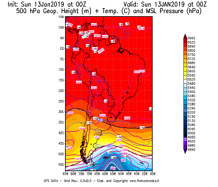 Mappa di analisi GFS - Geopotenziale [m] + Temp. [°C] a 500 hPa + Press. a livello del mare [hPa] in Sud-America
							del 13/01/2019 00 <!--googleoff: index-->UTC<!--googleon: index-->