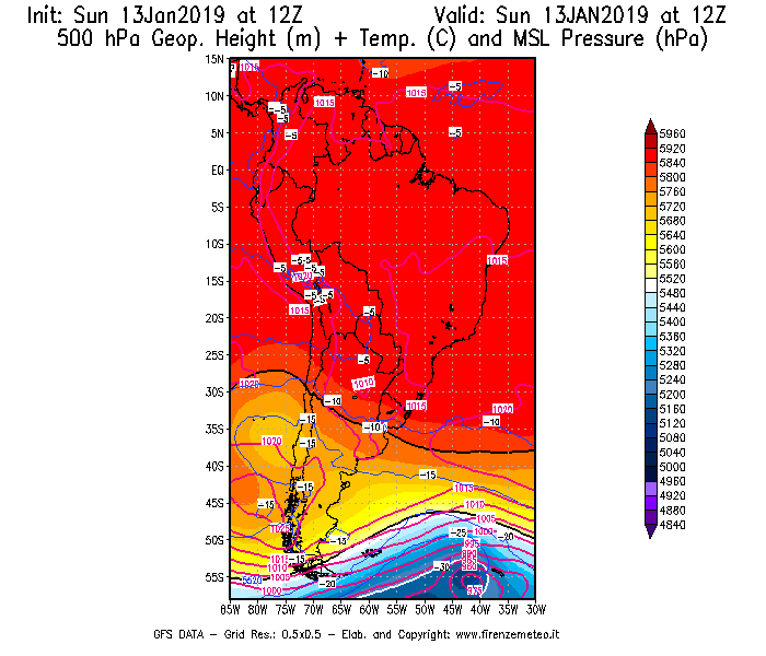 Mappa di analisi GFS - Geopotenziale [m] + Temp. [°C] a 500 hPa + Press. a livello del mare [hPa] in Sud-America
									del 13/01/2019 12 <!--googleoff: index-->UTC<!--googleon: index-->