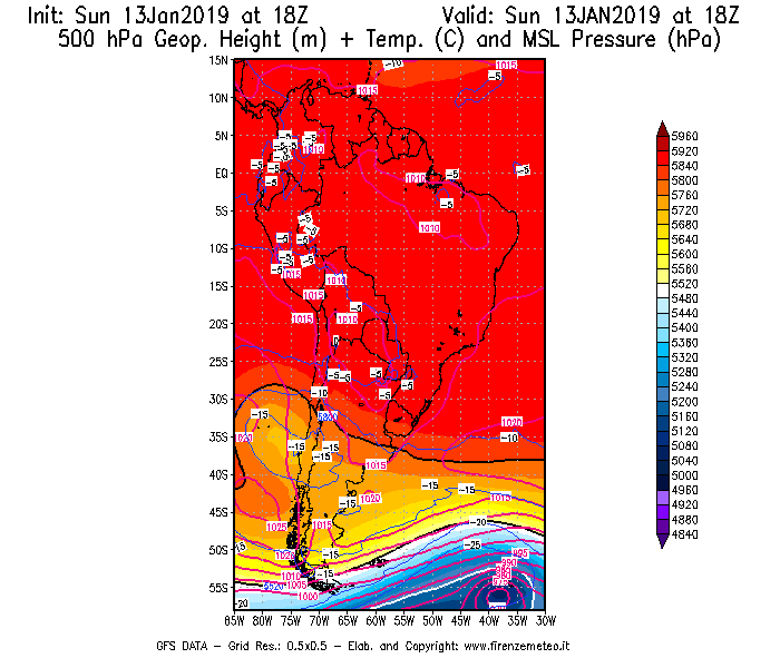Mappa di analisi GFS - Geopotenziale [m] + Temp. [°C] a 500 hPa + Press. a livello del mare [hPa] in Sud-America
									del 13/01/2019 18 <!--googleoff: index-->UTC<!--googleon: index-->