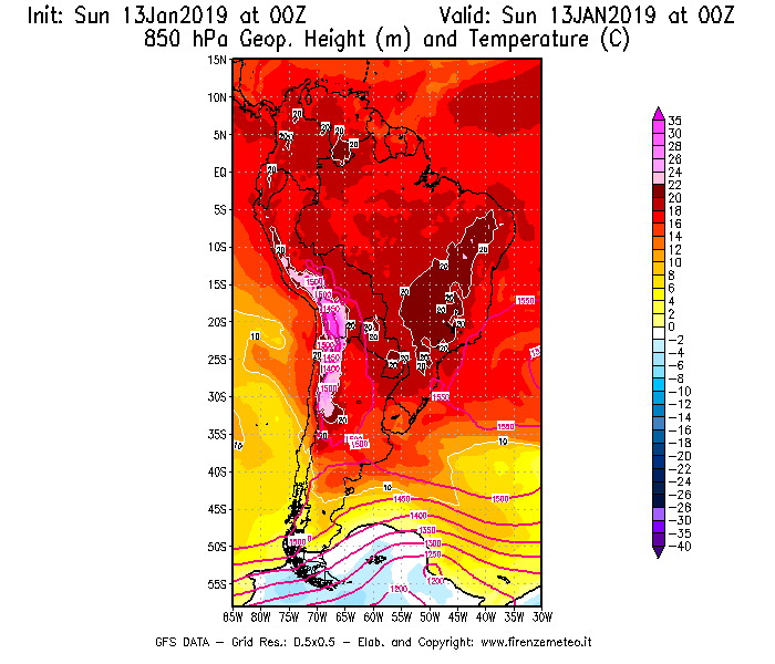 Mappa di analisi GFS - Geopotenziale [m] e Temperatura [°C] a 850 hPa in Sud-America
									del 13/01/2019 00 <!--googleoff: index-->UTC<!--googleon: index-->