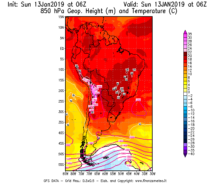Mappa di analisi GFS - Geopotenziale [m] e Temperatura [°C] a 850 hPa in Sud-America
							del 13/01/2019 06 <!--googleoff: index-->UTC<!--googleon: index-->