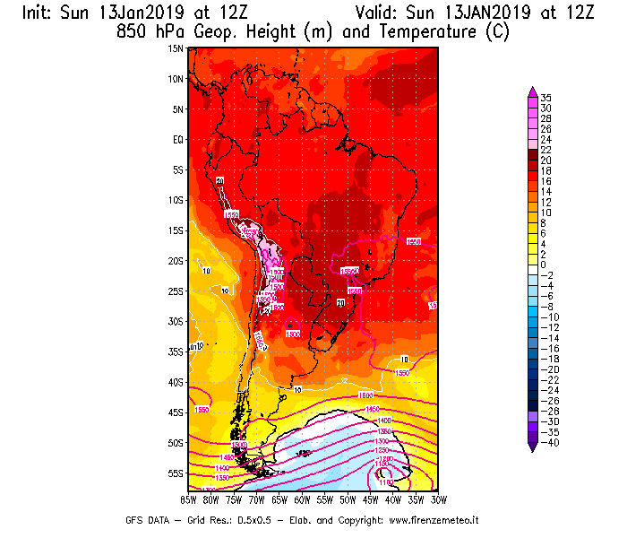 Mappa di analisi GFS - Geopotenziale [m] e Temperatura [°C] a 850 hPa in Sud-America
									del 13/01/2019 12 <!--googleoff: index-->UTC<!--googleon: index-->