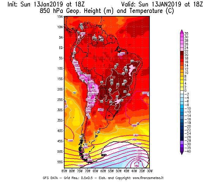 Mappa di analisi GFS - Geopotenziale [m] e Temperatura [°C] a 850 hPa in Sud-America
									del 13/01/2019 18 <!--googleoff: index-->UTC<!--googleon: index-->