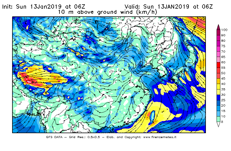 Mappa di analisi GFS - Velocità del vento a 10 metri dal suolo [km/h] in Asia Orientale
									del 13/01/2019 06 <!--googleoff: index-->UTC<!--googleon: index-->