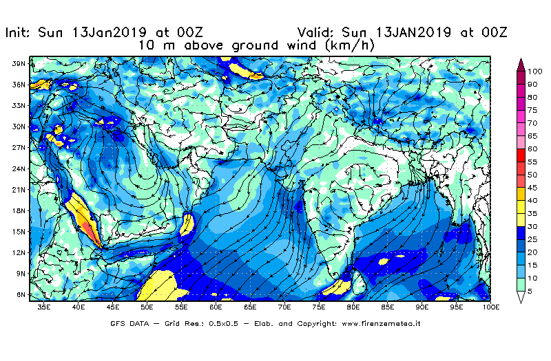 Mappa di analisi GFS - Velocità del vento a 10 metri dal suolo [km/h] in Asia Sud-Occidentale
									del 13/01/2019 00 <!--googleoff: index-->UTC<!--googleon: index-->