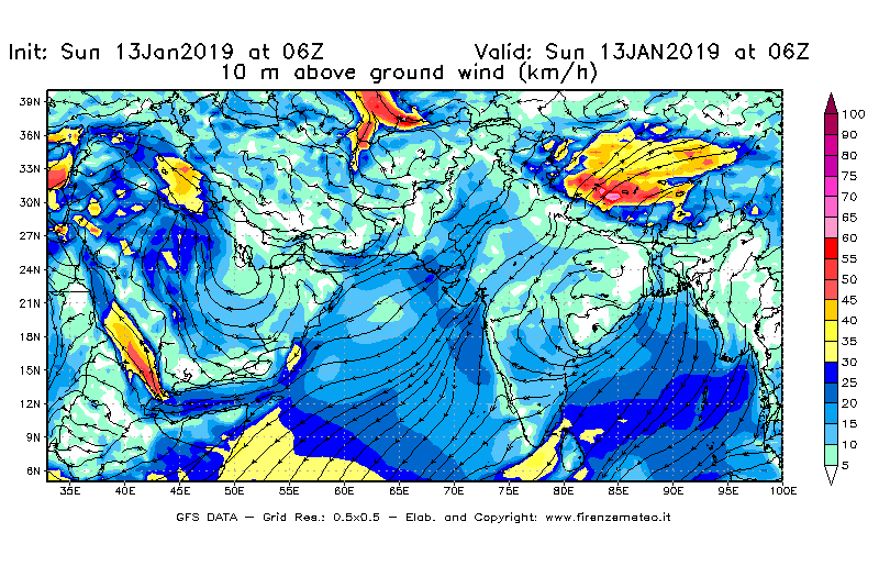 Mappa di analisi GFS - Velocità del vento a 10 metri dal suolo [km/h] in Asia Sud-Occidentale
									del 13/01/2019 06 <!--googleoff: index-->UTC<!--googleon: index-->