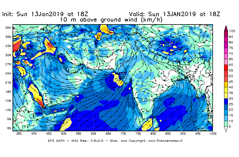Mappa di analisi GFS - Velocità del vento a 10 metri dal suolo [km/h] in Asia Sud-Occidentale
									del 13/01/2019 18 <!--googleoff: index-->UTC<!--googleon: index-->