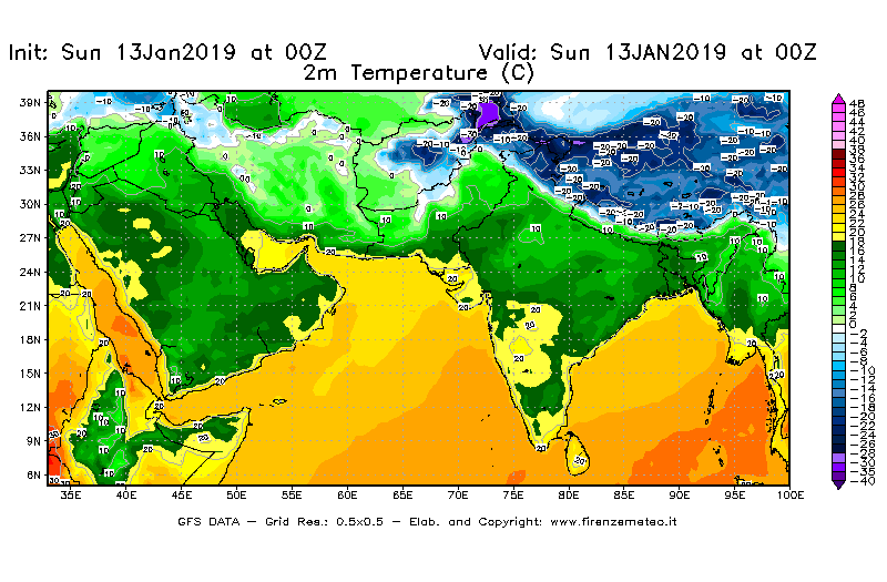 Mappa di analisi GFS - Temperatura a 2 metri dal suolo [°C] in Asia Sud-Occidentale
							del 13/01/2019 00 <!--googleoff: index-->UTC<!--googleon: index-->