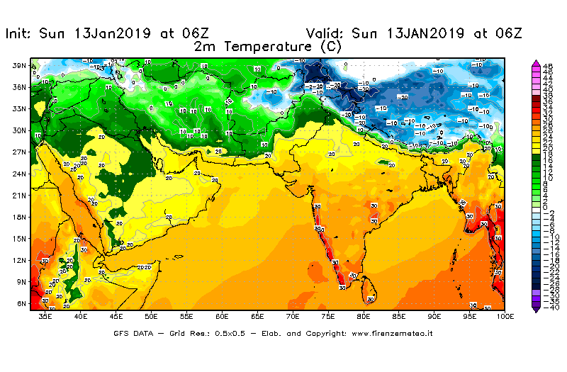 Mappa di analisi GFS - Temperatura a 2 metri dal suolo [°C] in Asia Sud-Occidentale
							del 13/01/2019 06 <!--googleoff: index-->UTC<!--googleon: index-->