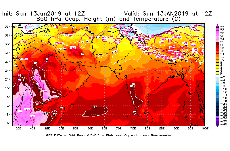 Mappa di analisi GFS - Geopotenziale [m] e Temperatura [°C] a 850 hPa in Asia Sud-Occidentale
							del 13/01/2019 12 <!--googleoff: index-->UTC<!--googleon: index-->