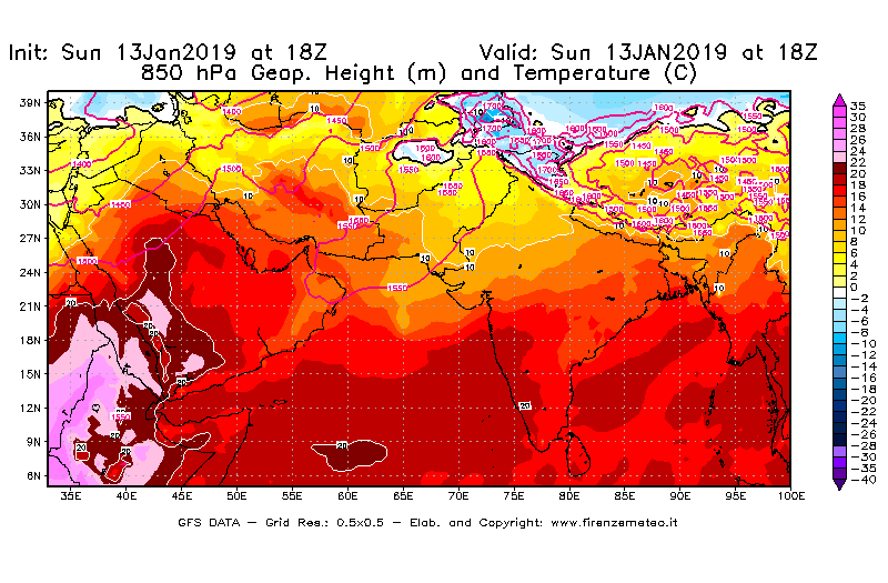 Mappa di analisi GFS - Geopotenziale [m] e Temperatura [°C] a 850 hPa in Asia Sud-Occidentale
							del 13/01/2019 18 <!--googleoff: index-->UTC<!--googleon: index-->