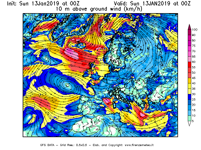 Mappa di analisi GFS - Velocità del vento a 10 metri dal suolo [km/h] in Europa
							del 13/01/2019 00 <!--googleoff: index-->UTC<!--googleon: index-->