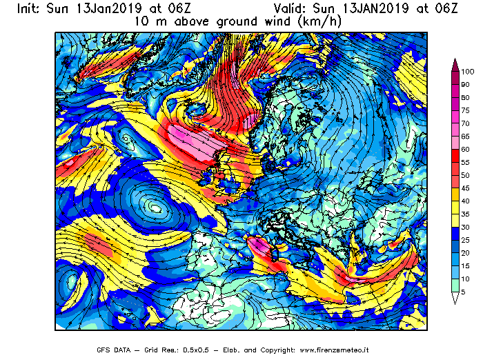 Mappa di analisi GFS - Velocità del vento a 10 metri dal suolo [km/h] in Europa
							del 13/01/2019 06 <!--googleoff: index-->UTC<!--googleon: index-->